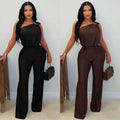C7578 cross-border   fashion women's casual one-shoulder sleeveless bodycon wide-leg jumpsuit
