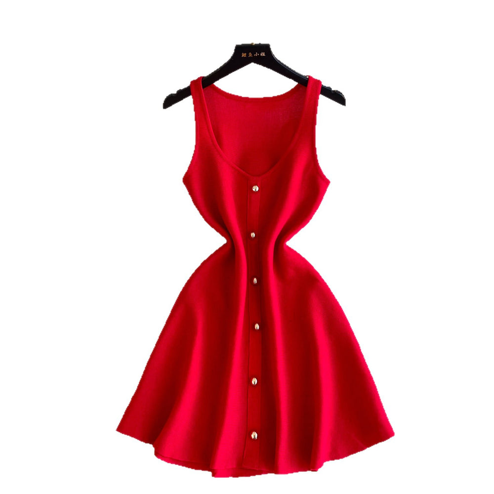 French style sleeveless knitted dress - new summer korean a-line mini dress for women, slimming pink skirt
