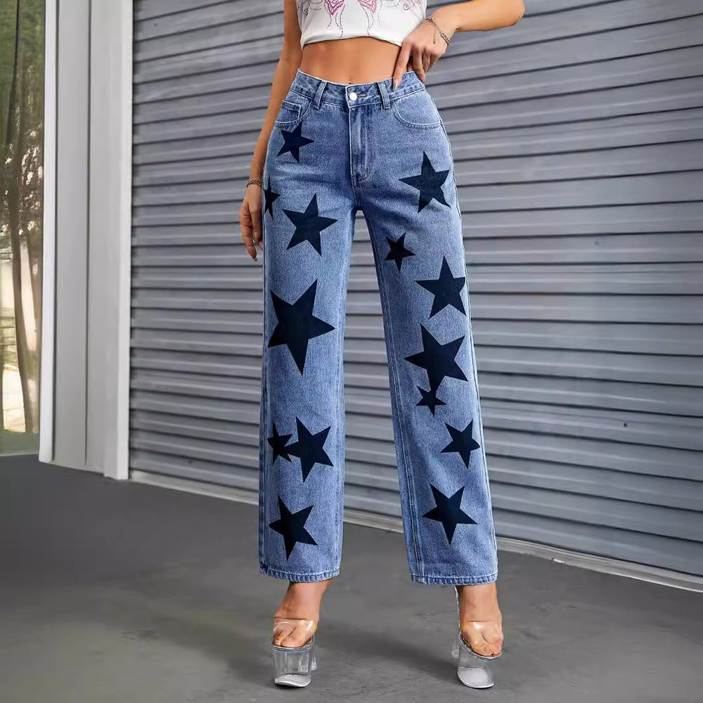 Women's black star denim jeans - new casual, edgy street style wide leg high waist washed jeans