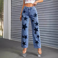 Women's black star denim jeans - new casual, edgy street style wide leg high waist washed jeans