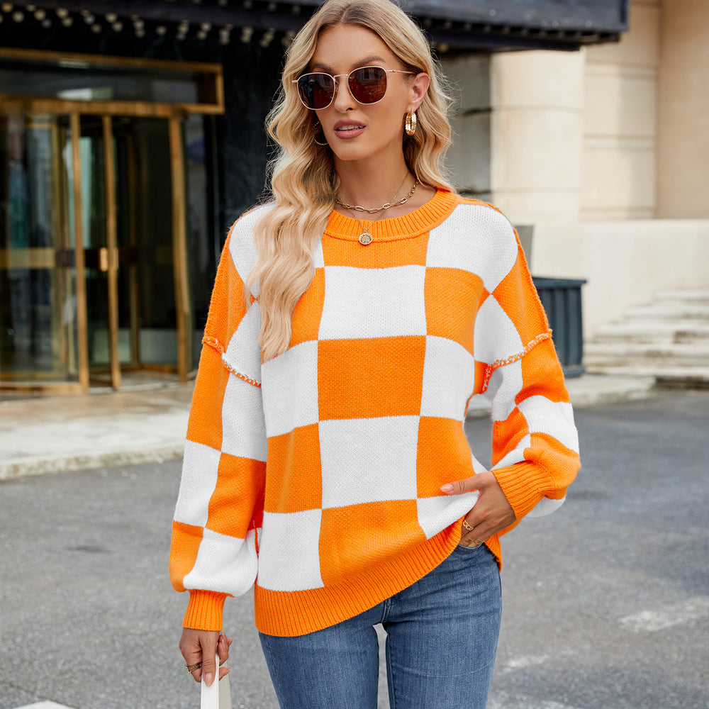 European and american cross-border autumn new arrivals:  pullover crew neck long sleeve top, loose fit casual plaid color block sweater for women