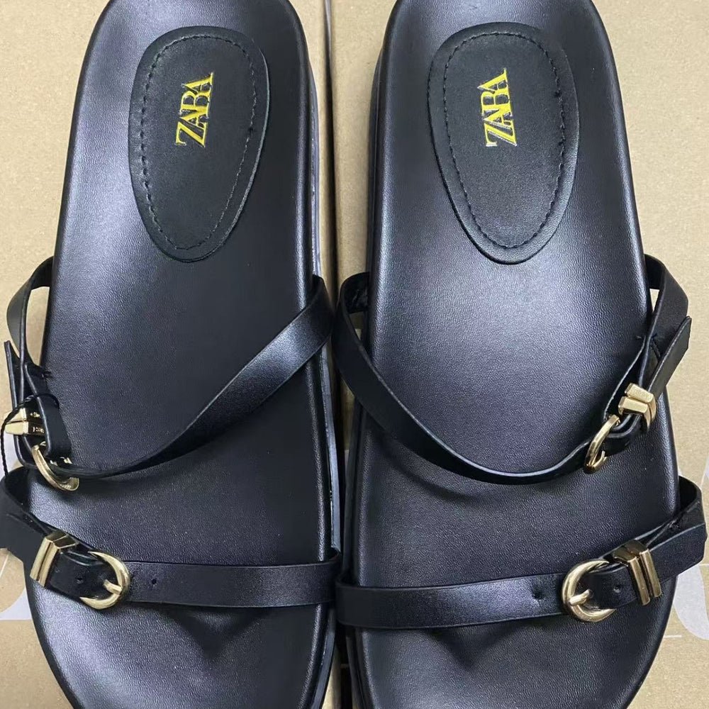 Za2025 summer/spring new women's fashion buckle strap sandals outdoor casual slippers leather buckle sandals