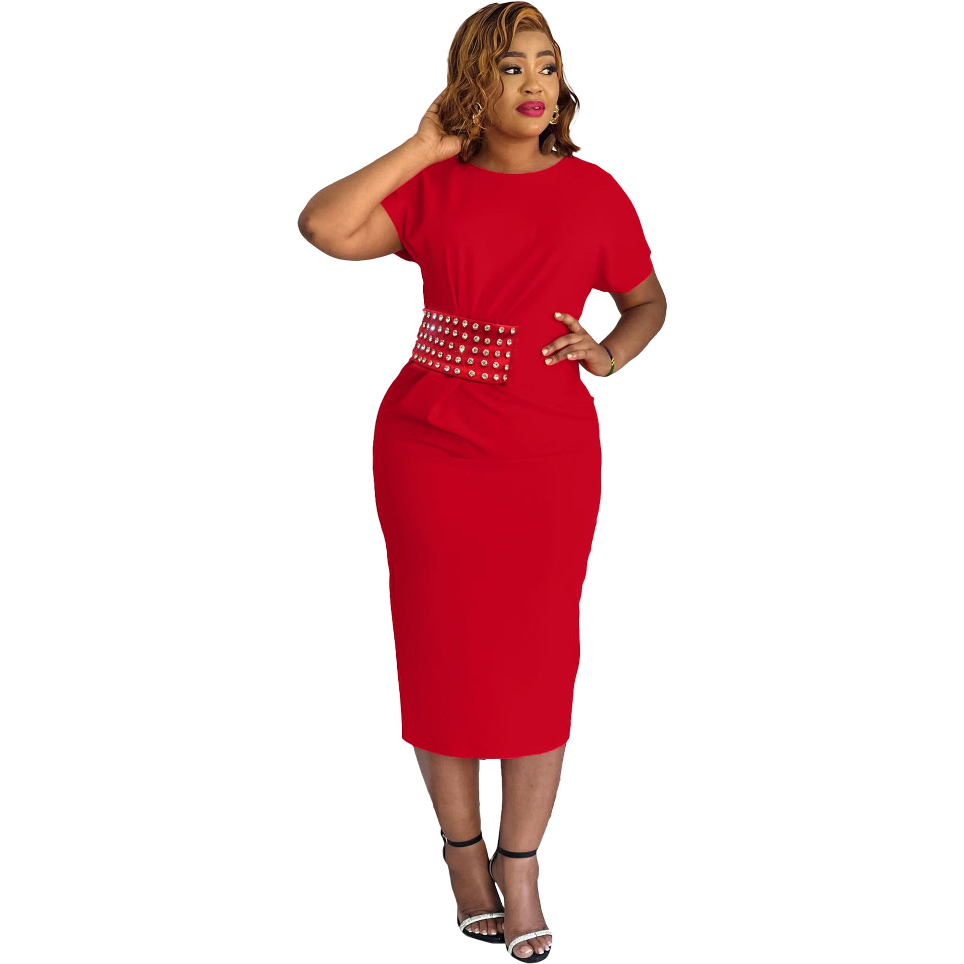 BN352   European and American women's clothing, 's new model, solid color nail-drilled round neck rear split dress