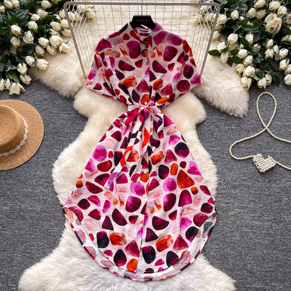K-style printing short sleeve dress women's  summer waist slimming look a-line skirt work clothingelegant shirt skirt