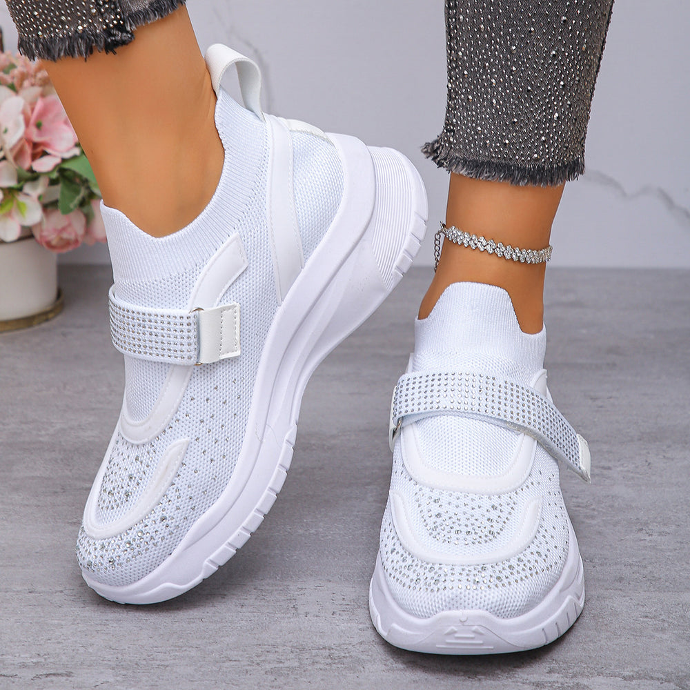 Exportplus sizespring & fallnew arrivalfashion rhinestone deep mouth thick sole breathable beaded velcro fly woven sports casual shoes