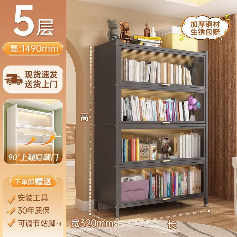 Steel bookcase with doors, dustproof storage rack, all-in-one wall-mounted multifunctional kids' bookshelf, freestanding storage cabinet for home use