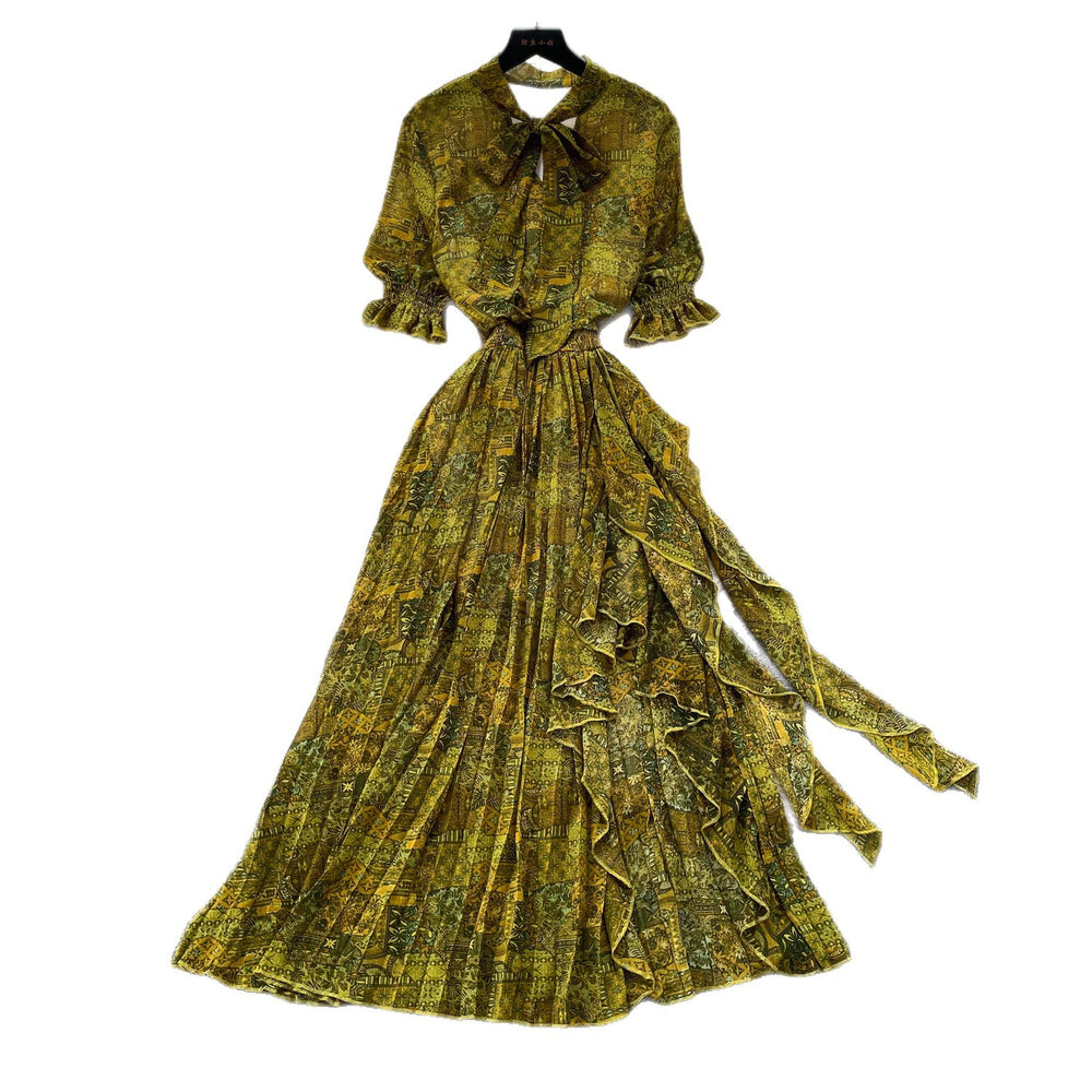 Vintage print short-sleeve dress women's long-sleeve a-line dress summer slimming waist elegant long dress