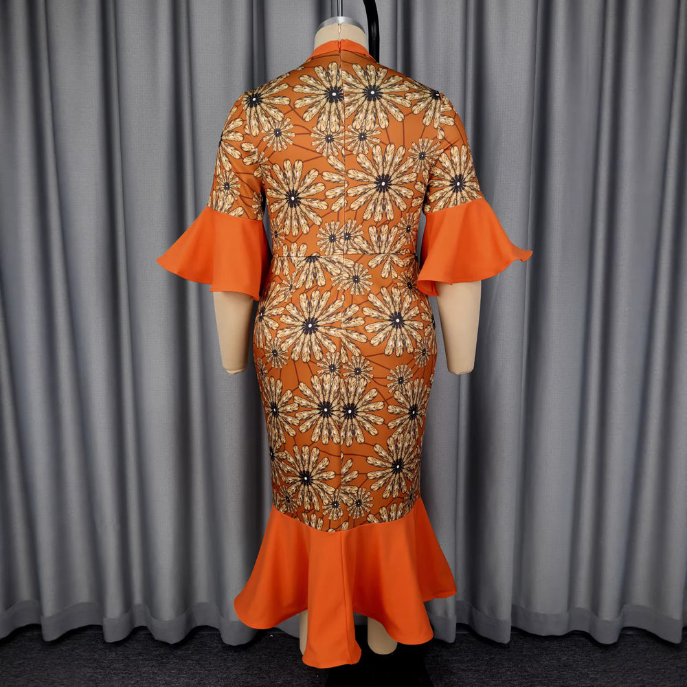 fashion daisy print dress - bow accent, flared sleeves, slim fit mermaid tail evening gown