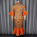 fashion daisy print dress - bow accent, flared sleeves, slim fit mermaid tail evening gown