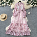 French romantic lantern sleeve printed dress - women's summer a-line maxi dress with cinched waist and tie detail - high-end and elegant
