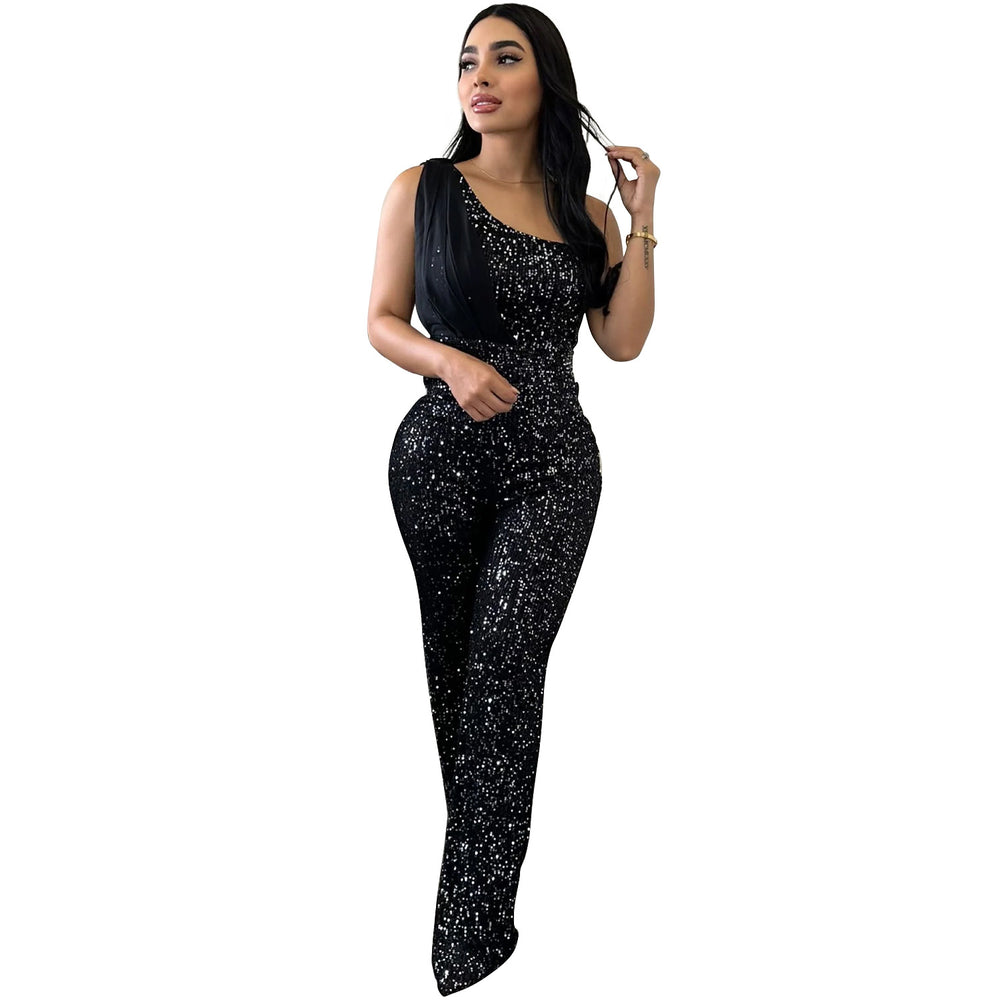 C6778 cross-border   fashion women's solid color sleeveless one-shoulder sequin pants jumpsuit