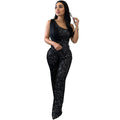 C6778 cross-border   fashion women's solid color sleeveless one-shoulder sequin pants jumpsuit