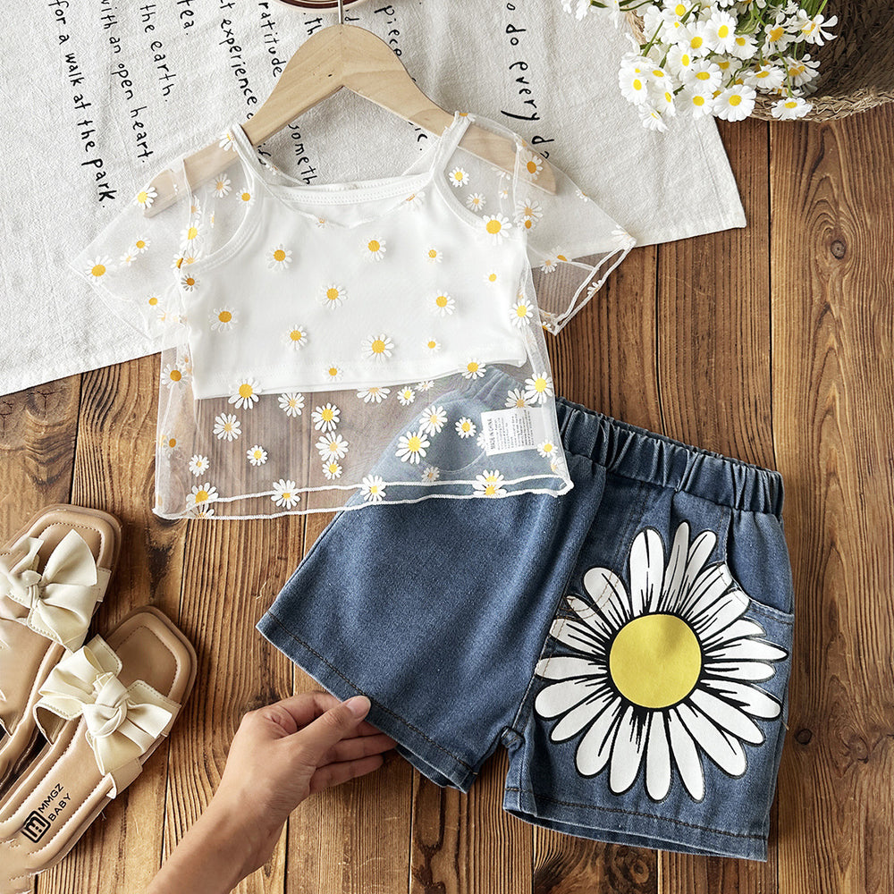 spring/summer european and american style girls' hollow-out cardigan, solid color camisole + sunflower print denim pants three-piece set