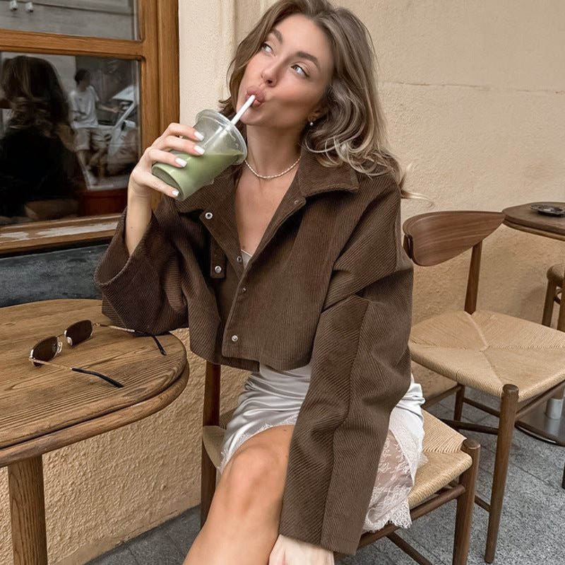 Early autumn coat women's high-end corduroy European and American retro Maillard long-sleeved trendy casual versatile short cardigan