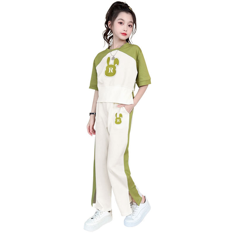 Girls' summer outfit set: wide-leg pants,  new style, trendy and chic, big kids' summer short-sleeve and long-pant two-piece set