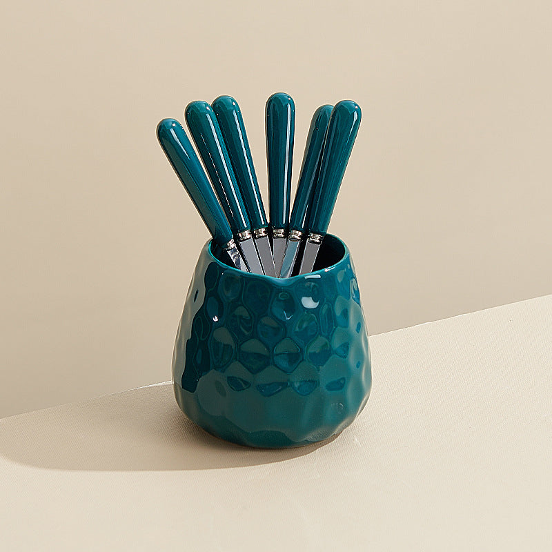 Minimalist style cross-border water cube fruit fork storage jar ceramic handle fruit fork hammered texture high-value jar set