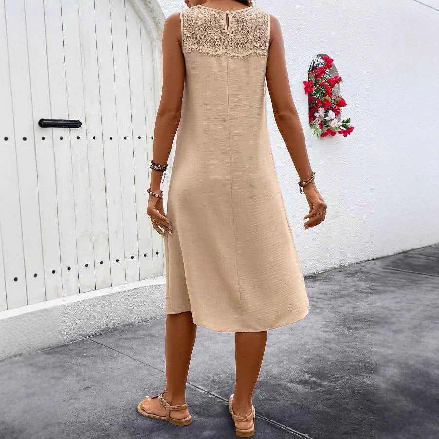 european and american cross-border  spring/summer new casual lace patchwork round neck solid color sleeveless women's dress