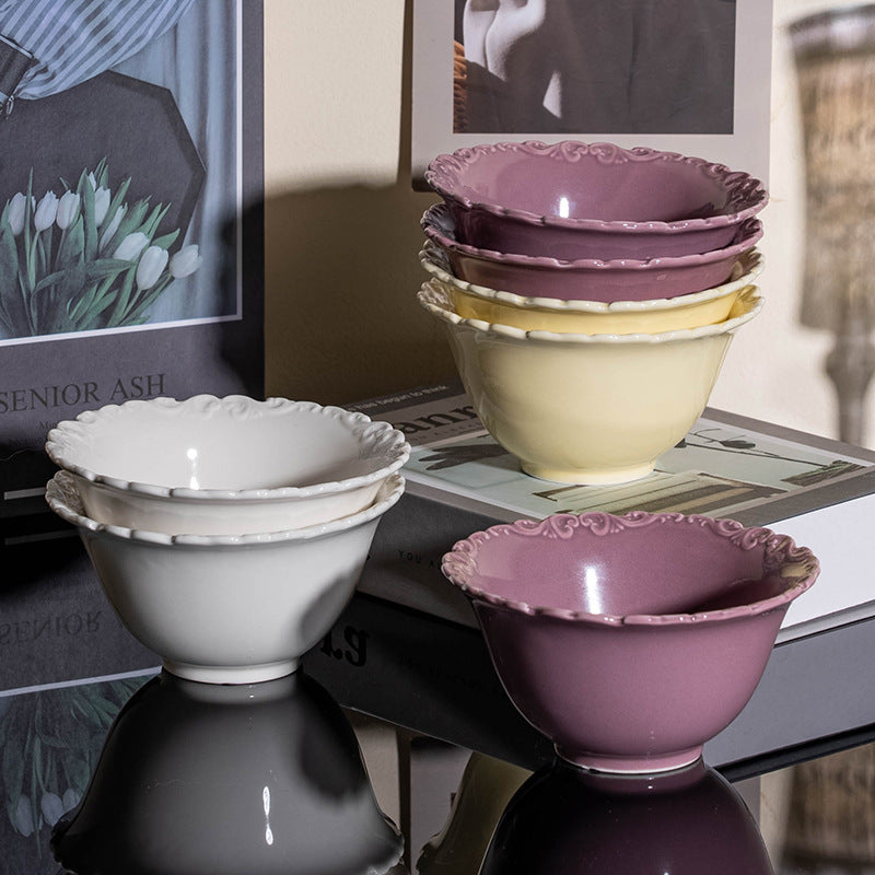 Nordic embossed ceramic western food dessert snack bowl - stylish, high-value rice bowl for home use - minimalist breakfast bowl