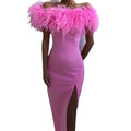 2024 cross-border spring/summer new european and american style one-shoulder evening gown feather socialite dress banquet elegant long dress