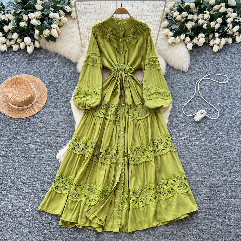 Frenchretrolacepatchworkcut outdress women's sweet strapslong sleeves waist tie backeleganceelegant long skirt