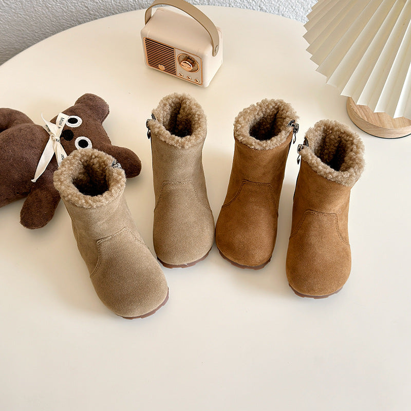 Retro Birkenstock boots for girls 2025 winter new Korean version of velvet thermal cotton shoes flat-bottomed thickened non-slip medium boots