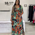 fashion v neck flower beach dress  plus size women's clothing casualloose swing long skirt