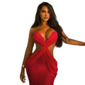 Fashion style export hot sexy women's backless pleated hip skirt halter wrap chest cross pure color long dress