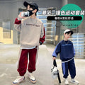 Boys' clothing: mid-to-large size two-piece set - spring  new color block base layer shirt set for students - stylish & cool
