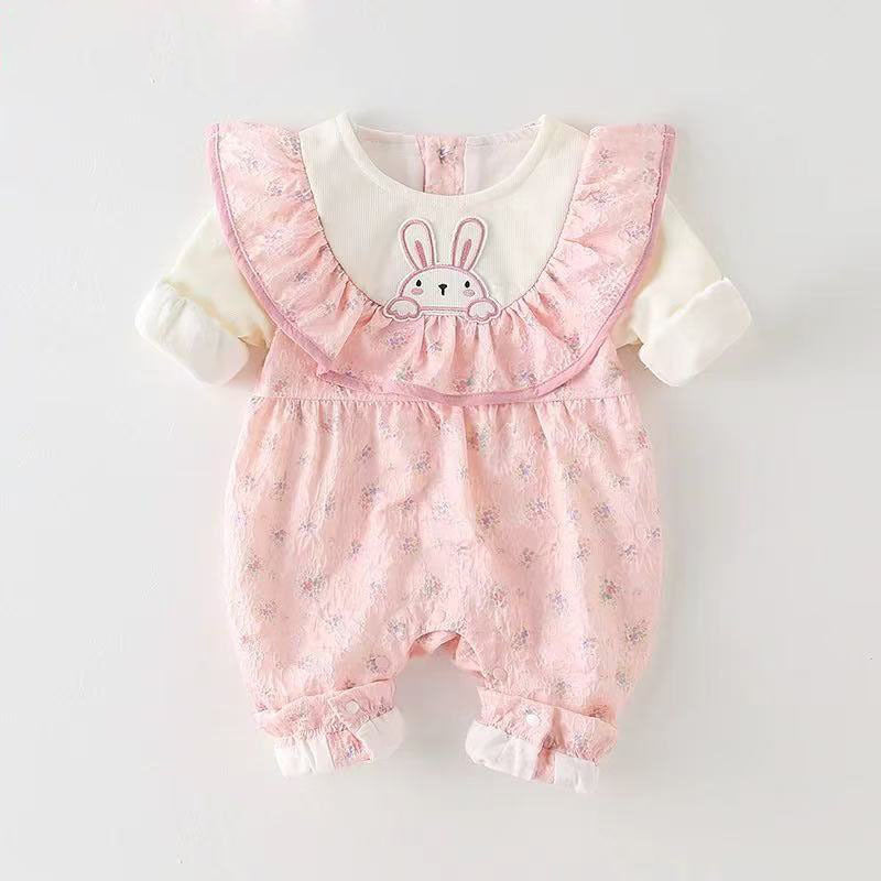 Baby rompers spring & autumn double layer outwear baby girl hundred days western style haki floral princess style outwear