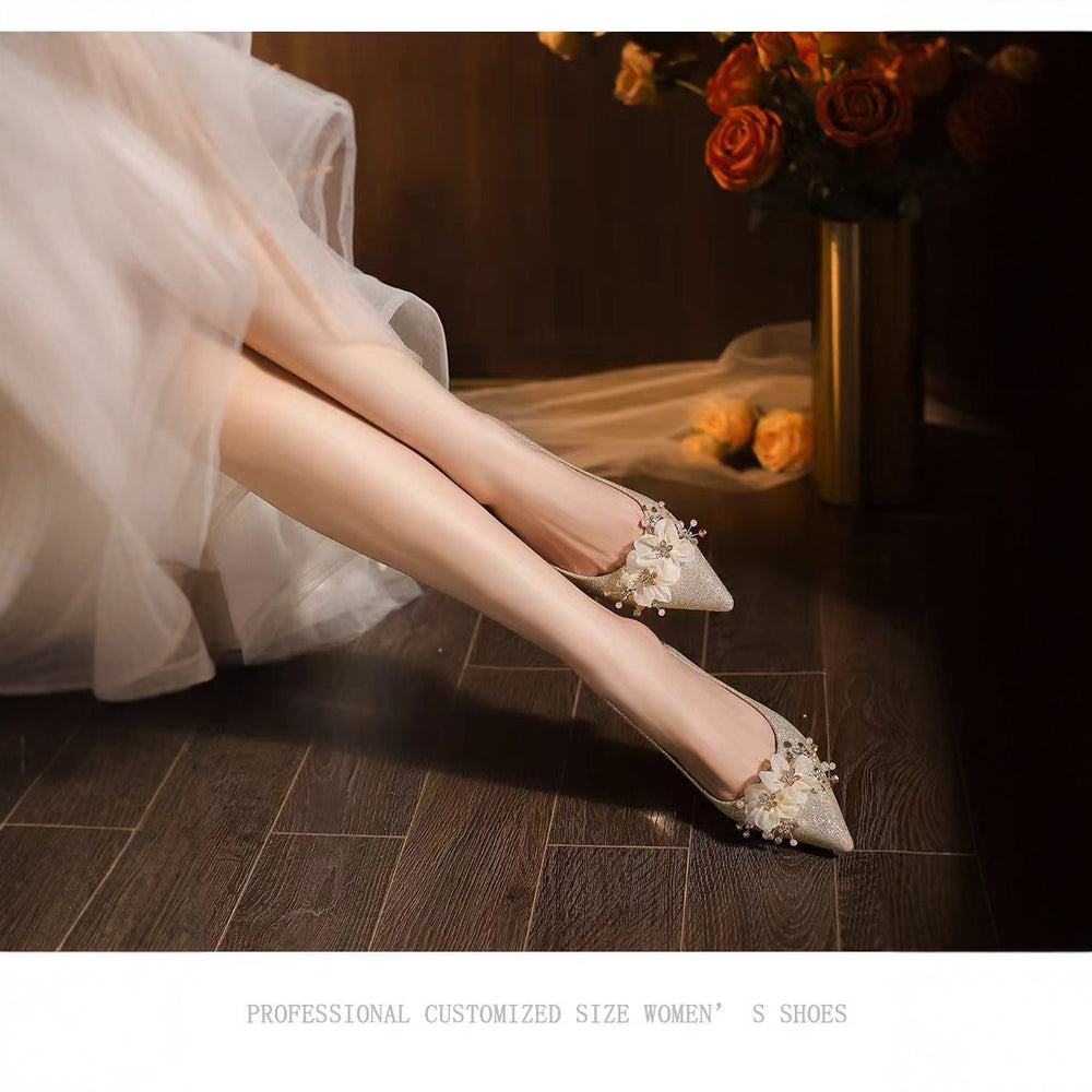 2025 new floral wedding shoes for women, pointed-toe stiletto heel, low-cut bridal shoes