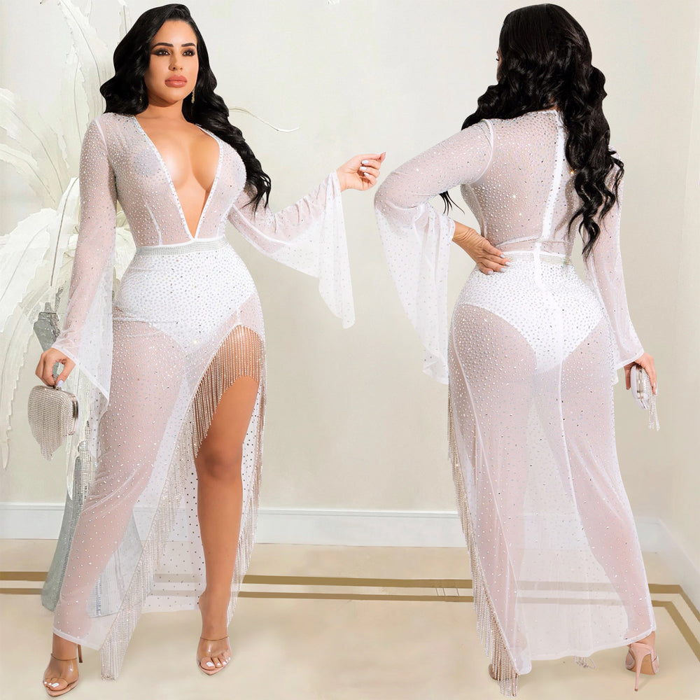 X5597  fashion sexy nightclub hot diamond deep v wide sleeves irregular slit flowing beard long skirt dress for women