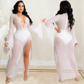X5597  fashion sexy nightclub hot diamond deep v wide sleeves irregular slit flowing beard long skirt dress for women