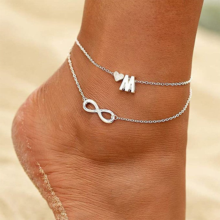 hot-selling foot jewelry 26 english letters alloy 8-figure infinite love heart anklet double-layer jewelry wholesale