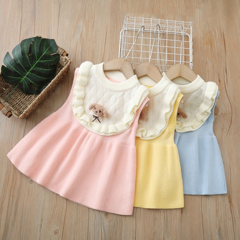 Spring new arrival: sweet cartoon knitted vest dress for little girls