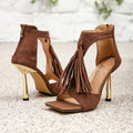 Women's bohemian brown suede square toe high heel sandals with tassel detail, stiletto heel, cutout back, and ankle zipper