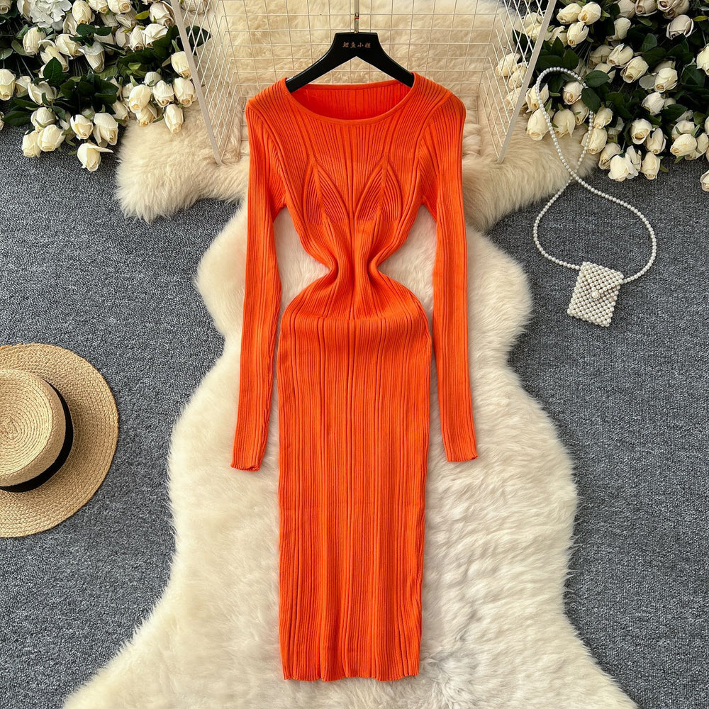 European and american style minimalist sexy ribbed bodycon knit dress - autumn solid color basic skirt - pencil skirt for women