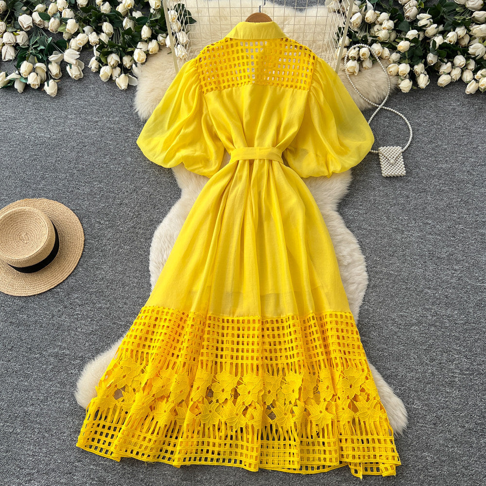 new yellow hollow-out lace-up short sleeve dress - women's summer korean style french chic elegant a-line dress