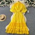 new yellow hollow-out lace-up short sleeve dress - women's summer korean style french chic elegant a-line dress