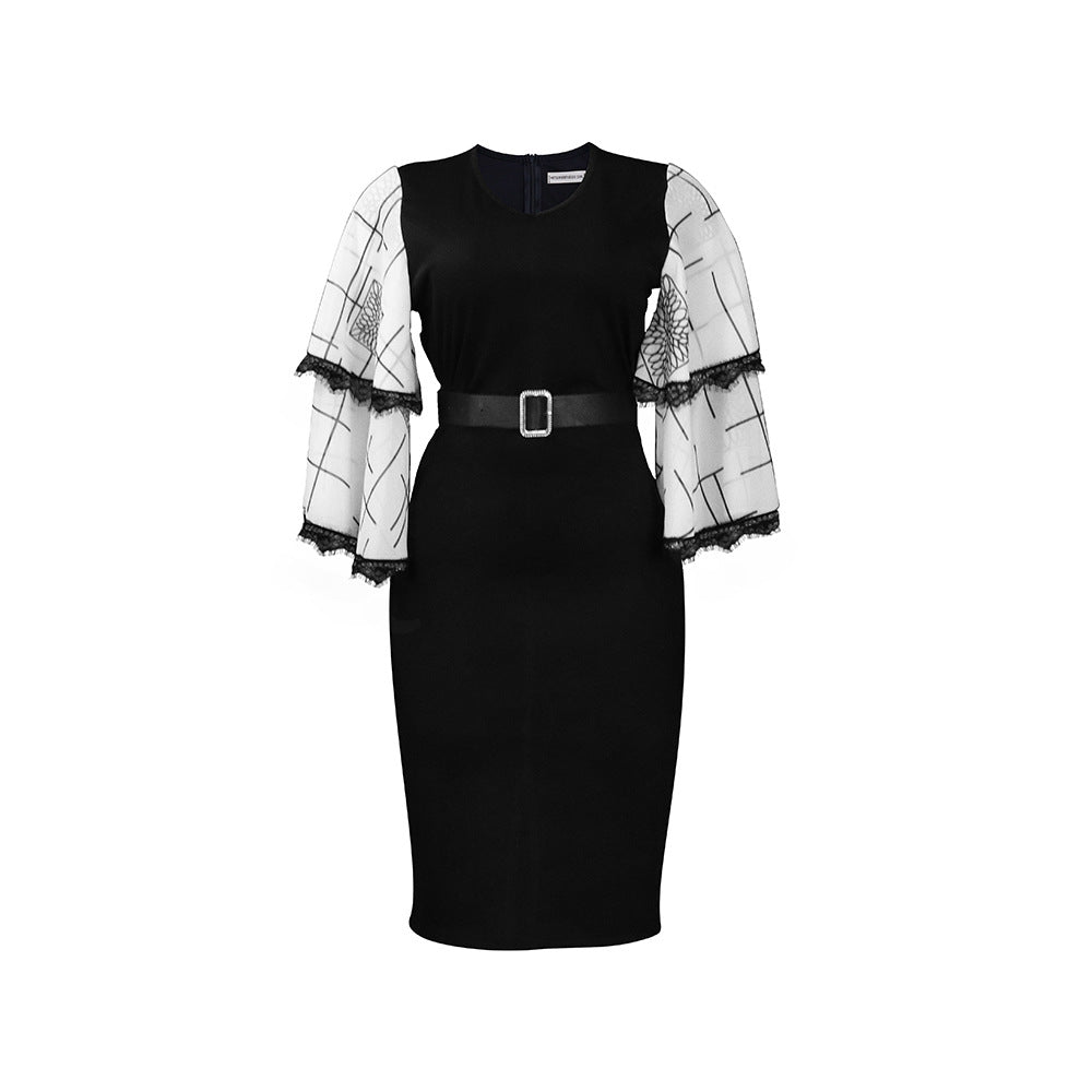 D301 cross-border women's fashion  new v-neck flared sleeve bodycon pencil skirt - office commute style, european & american dress
