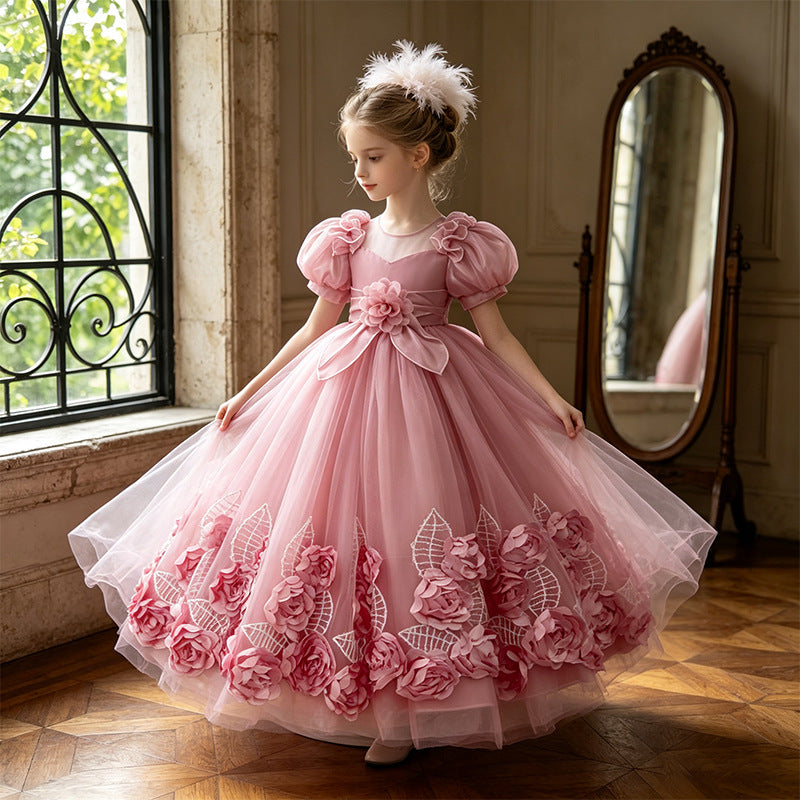 Girls' formal dress - long, puff sleeve, flower girl wedding dress, tulle, piano recital performance dress - in stock & wholesale