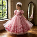 Girls' formal dress - long, puff sleeve, flower girl wedding dress, tulle, piano recital performance dress - in stock & wholesale