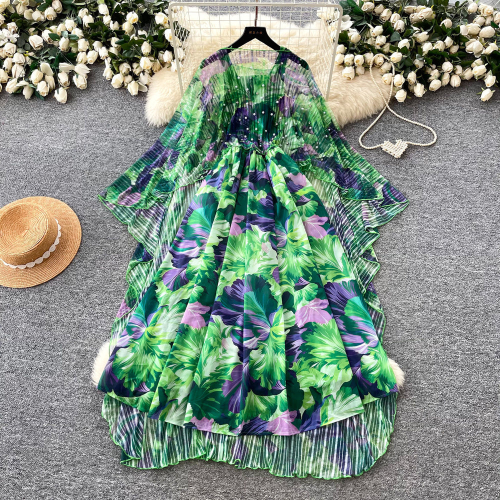 French riviera style printed dress - women's three-quarter sleeve, slim-fit, two-piece summer set with beaded detailing - elegant & professional