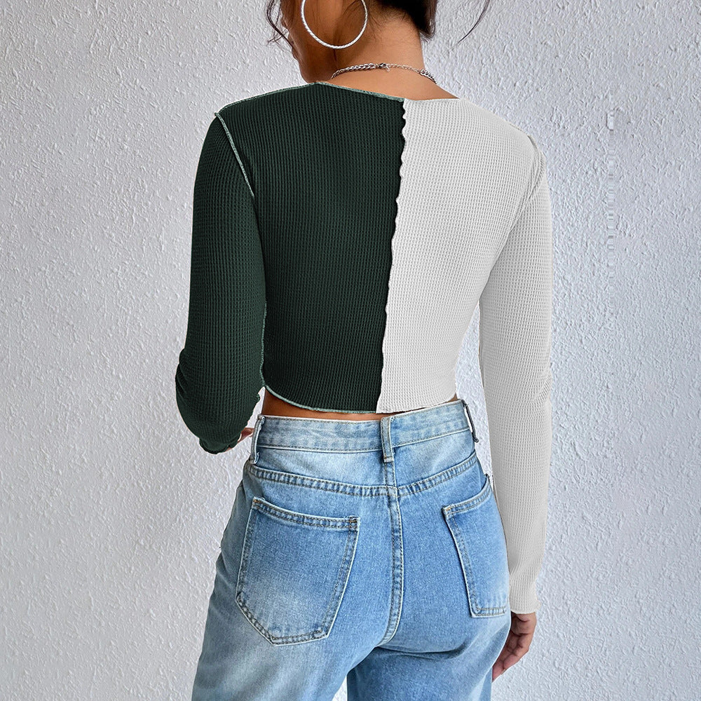 2024 European and American women's clothing contrasting color splicing sewing line exposed short waffle long-sleeved T-shirt autumn and winter versatile top