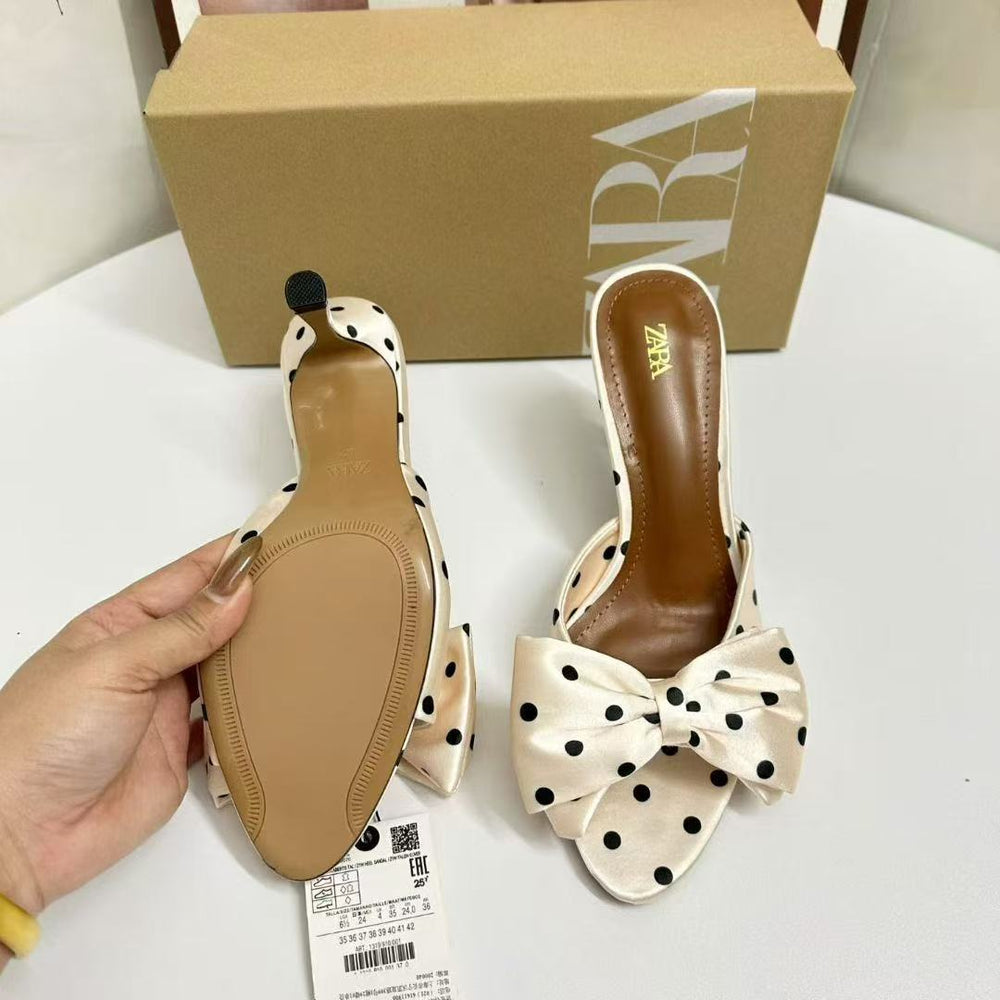 Za fashion casual vacation style women's sandals summer new black and white polka dot bow pointed toe metal chunky heel open toe slides