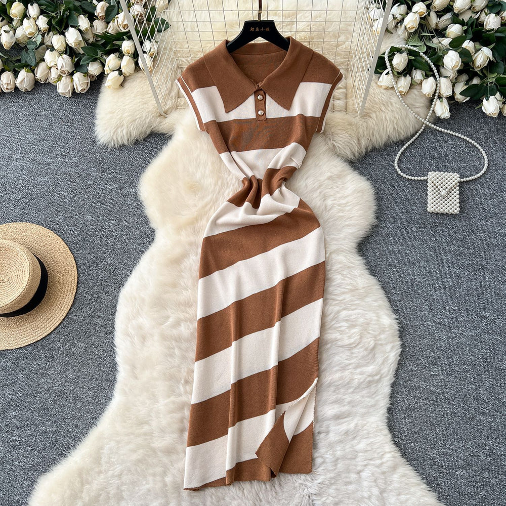 Niche styleretrofashionpolo collar short sleevecontrast colorstripesknittingdress women's waist slit sweater skirt