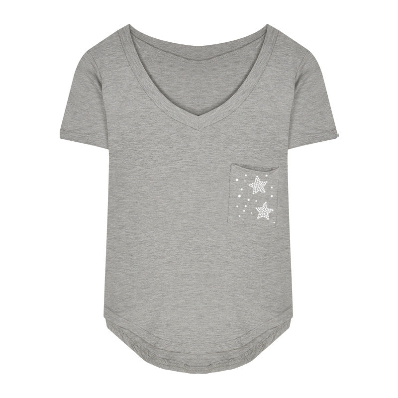 Women's t-shirt,  summer new arrival: v-neck, designer inner layer top, asymmetrical hot girl style, pure & sultry short sleeve top