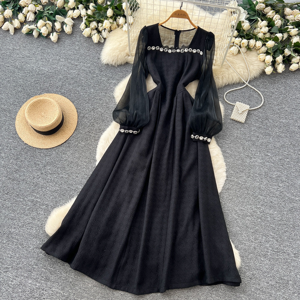 French gentle style heavy industry beading lantern sleeve dress women's k-style slimming lookhigh waista line elegance long skirtelegant