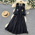 French gentle style heavy industry beading lantern sleeve dress women's k-style slimming lookhigh waista line elegance long skirtelegant