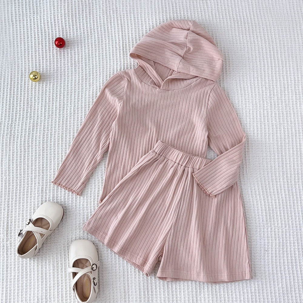 Insspring & fall clothing new girl k-stylepure colorstripes hooded long sleevestopskids wide leg shortstwo-piece set