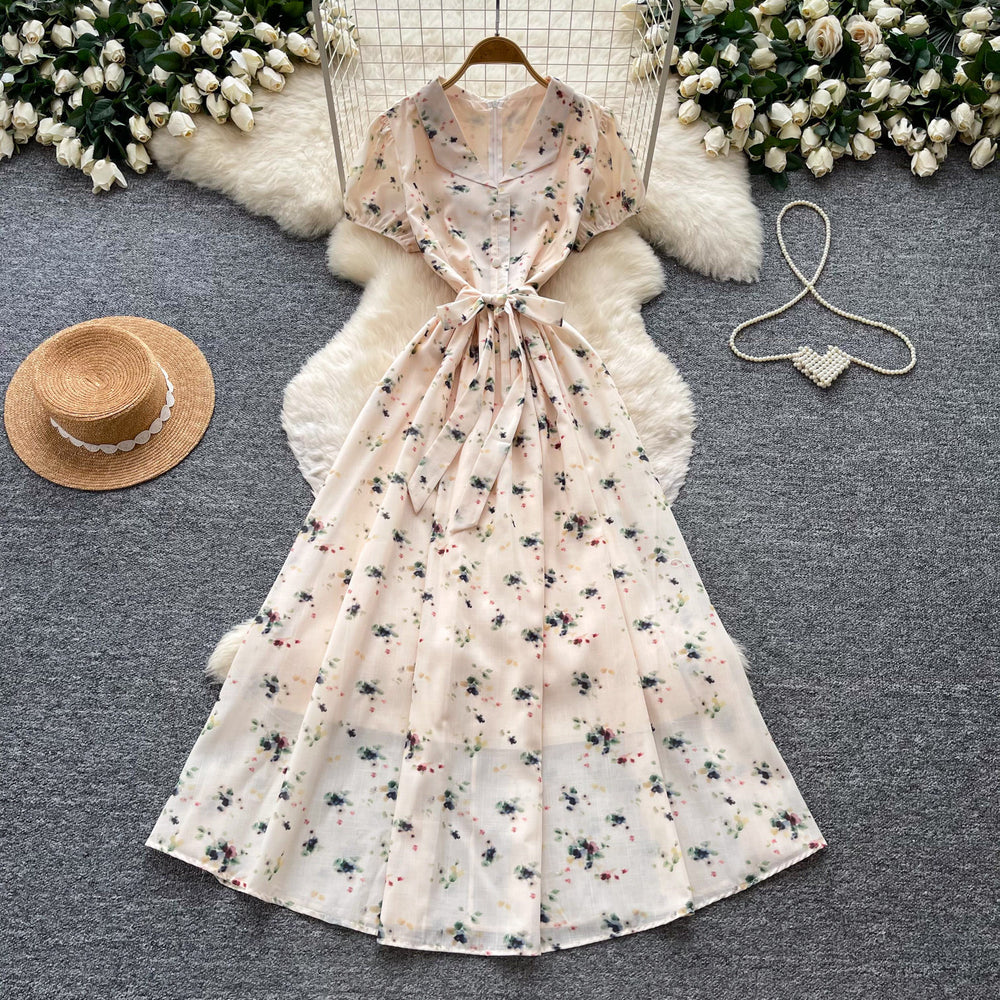 French floral v-neck ruched dress - women's summer short sleeve slim fit elegant vacation maxi dress